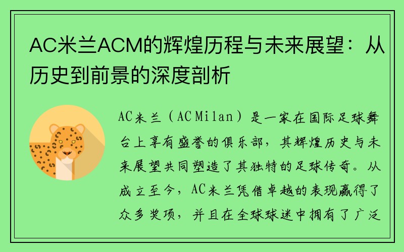 AC米兰ACM的辉煌历程与未来展望：从历史到前景的深度剖析