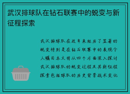 武汉排球队在钻石联赛中的蜕变与新征程探索